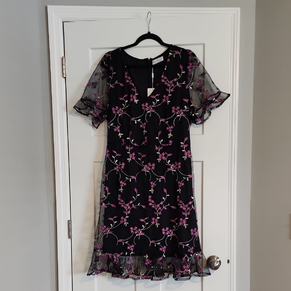 NWT Nordstrom Mesh Embroidered Floral Black and Pink Dress - Picture 2 of 11